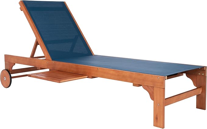 SAFAVIEH Outdoor Collection Ralden Natural Brown Solid Wood/Navy Fabric Adjustable Chaise Lounge Chair (PAT7070B)