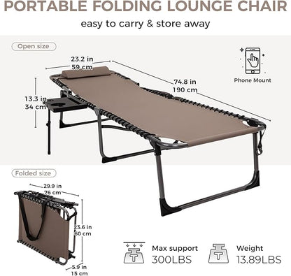 KingCamp Folding Chaise Lounge Chair for Outside Beach, Sunbathing, Patio, Pool, Lawn, Deck, Lay Flat Camping Reclining Lounge Chair with Pillow & Side Table （1 Pack, Beige）