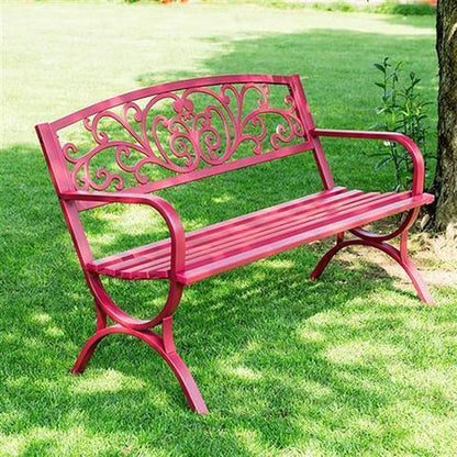 50" Outdoor Metal Garden Bench, Weatherproof Patio Seating with Floral Backrest & Arch Legs, Stylish 2-Person Bench for Lawn, Porch, Park, Backyard (Red)