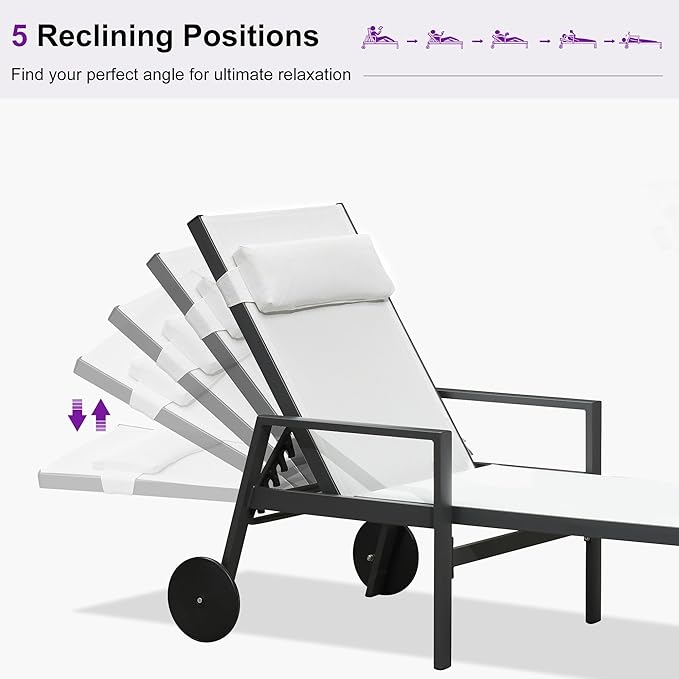 PURPLE LEAF Patio Lounge Chair Set Outdoor Chaise Lounger Aluminum Frame with Armrest 2 Side Table and Wheels for Pool Outside Sunbathing Tanning Recliner Including Pillows White