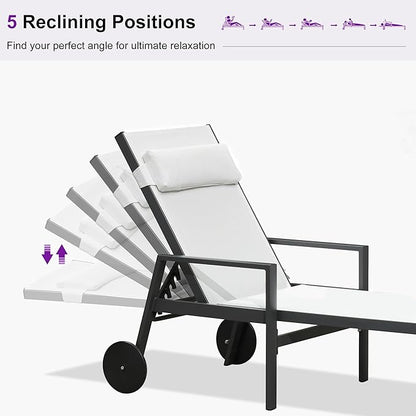 PURPLE LEAF Patio Lounge Chair Set Outdoor Chaise Lounger Aluminum Frame with Armrest 2 Side Table and Wheels for Pool Outside Sunbathing Tanning Recliner Including Pillows White