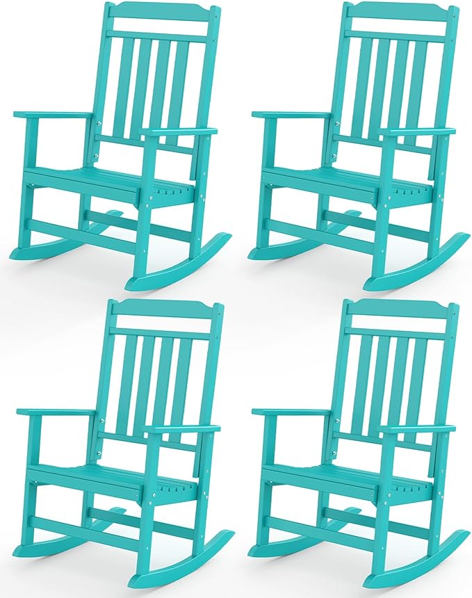 GREENVINES Outdoor-Rocking-Chairs-Set-of-4 | HDPE Plastic | Patio Rockers | Porch Rocker Chair | Oversized | High Back | Big & Tall | Aqua