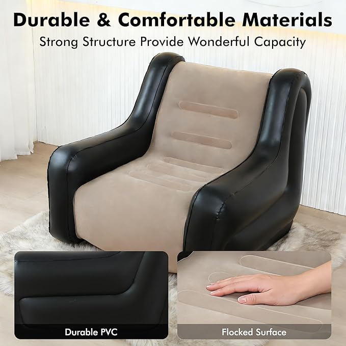 Large Inflatable Leisure Chair, Inflatable Sofa Chair for Outdoor and Indoor Use (Black+Grey, Single Chair)