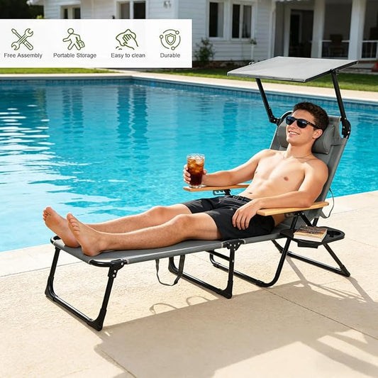 Tanning Chairs for Outside with Canopy, Folding Lounge Chairs, Tanning Chair with 4 Adjustable Backrest & Cup Holders & Pillow,Holds 330 Lb, Outdoor Garden Pool