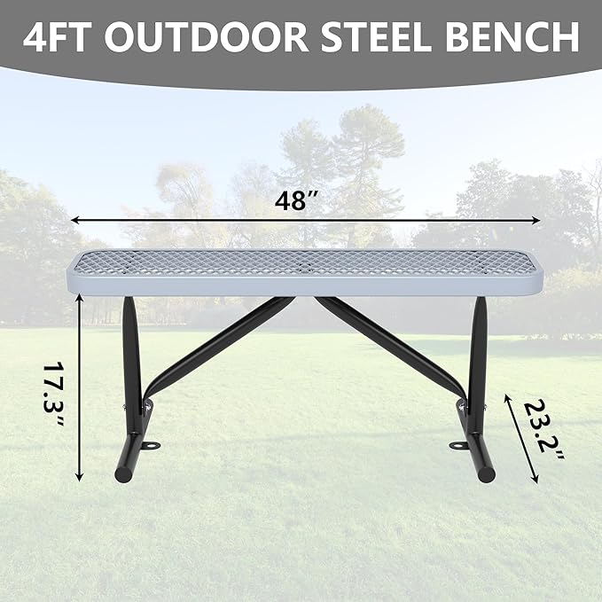 4ft Park Benches for Outside, 48" L Backless Heavy-Duty Commercial Gray Garden Bench with Expanded Steel Mesh Seat, Weatherproof Park Patio Dining Table Bench for Backyard Lawn School Porch Deck