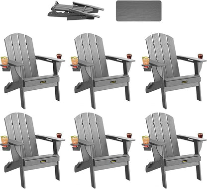 Folding Adirondack Chair Set of 6, Wooden Textured Plastic Adirondack Chairs with 2 Cup Holder, Weather Resistant HDPE Fire Pit Chair, Outdoor Patio Chairs for Garden, Backyard, Lawn, Deck, Grey