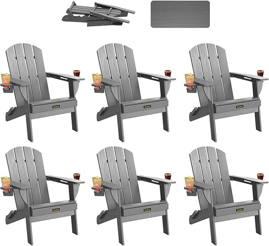 Folding Adirondack Chair Set of 6, Wooden Textured Plastic Adirondack Chairs with 2 Cup Holder, Weather Resistant HDPE Fire Pit Chair, Outdoor Patio Chairs for Garden, Backyard, Lawn, Deck, Grey
