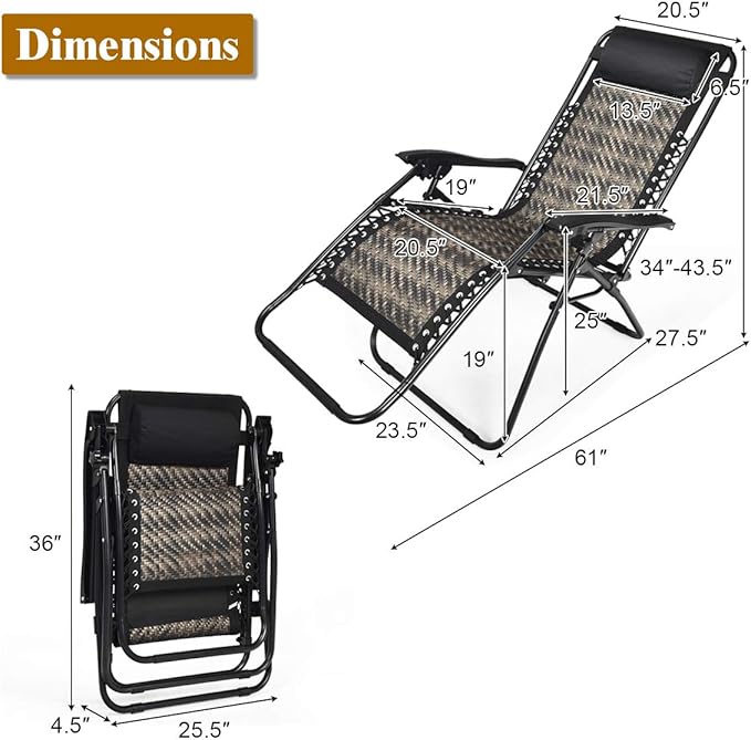 COSTWAY Patio Rattan Zero Gravity Lounge Chair Folding Recliner W/Headrest Mix Gray - Photo 3