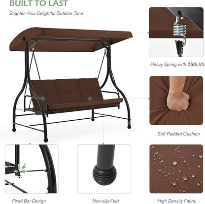 AECOJOY Porch Swing Chair, 3 Seats Porch Swing Adjustable Backrest & Canopy Outdoor Swing with Stand Patio Swing Bed with Removable Brown Cushions