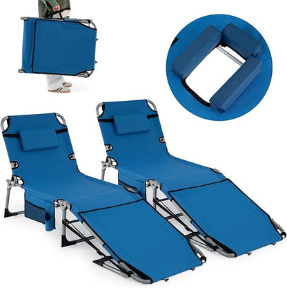 Goplus Tanning Chair with Face Arm Holes, Portable Sunbathing Chair w/4-Level Backrest, Head Pillow, Patio Lay Flat Folding Chaise Lounge with Side Pocket, Shoulder Strap for Pool Beach (2,Blue)