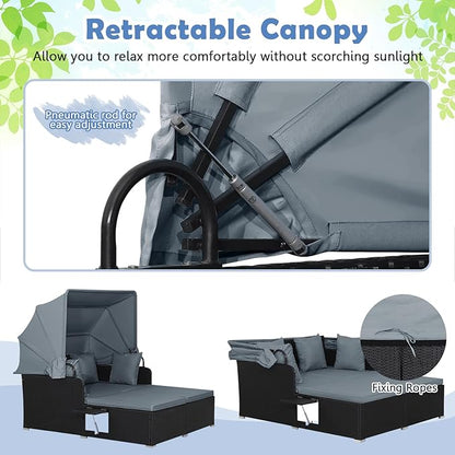 LDAILY Moccha Outdoor Daybed with Retractable Canopy, Wicker Cabana with 2 Side Tables & Soft Cushions,Hand-Woven PE Rattan Bed Lounger, Patio Sectional Furniture Set for Garden Backyard Porch (Grey)
