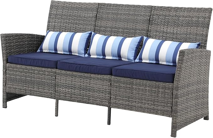 SUNSITT Outdoor Furniture 3 Seats Patio Couch, Outdoor Wicker Sofa, Grey PE Wicker with Blue Cushions & Lumbar Pillows - Photo 3