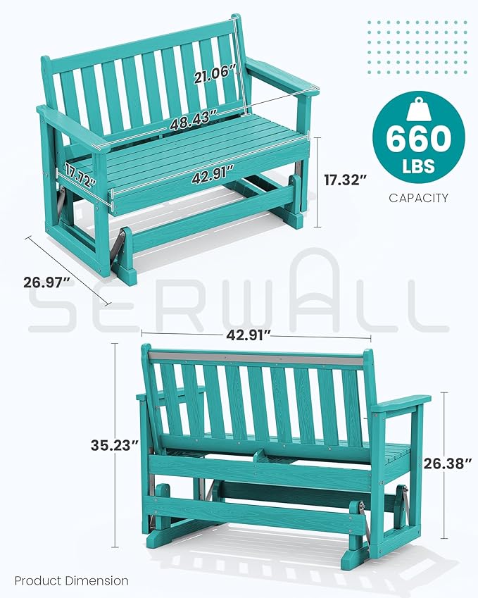 SERWALL Outdoor Glider Bench Set of 4, HDPE Weather-Resistant Swinging Bench for Backyard Garden Porch, Aruba - Photo 2
