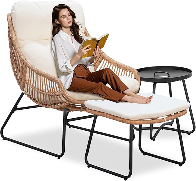 Outdoor Wicker Papasan Egg Chair with Ottoman, Patio Basket Lounge Chair Indoor Egg-Shaped Rattan Reading Lounger with Thick Cushion and Table for Living Room Bedroom Balcony Porch, Beige