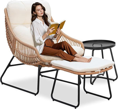 Outdoor Wicker Papasan Egg Chair with Ottoman, Patio Basket Lounge Chair Indoor Egg-Shaped Rattan Reading Lounger with Thick Cushion and Table for Living Room Bedroom Balcony Porch, Beige