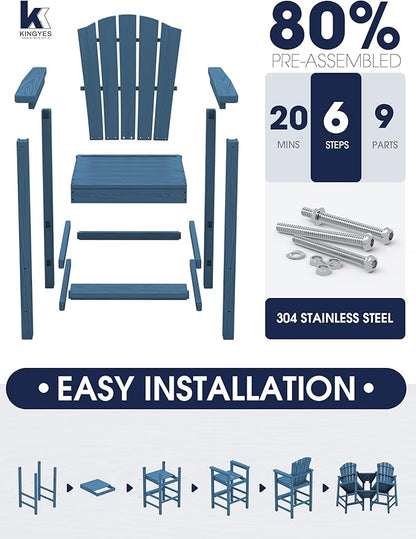 KINGYES Tall Adirondack Chair Set of 2, All-Weather HDPE Outdoor Adirondack Barstools with Double Connecting Trays, Bar High Airondack Chair with Wood Grain, Embossed Balcony Chair for Backyard, Blue