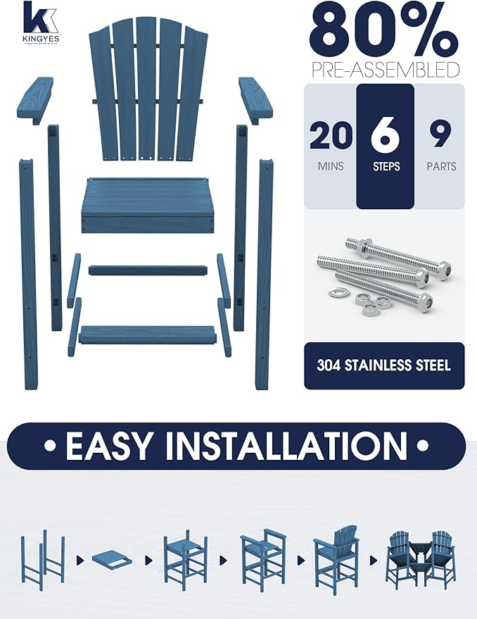 KINGYES Tall Adirondack Chair Set of 2 with 9FT Umbrella, All-Weather HDPE Outdoor Adirondack Barstools with Double Connecting Trays, Bar High Airondack Chair with Wood Grain, Balcony Chair, Blue