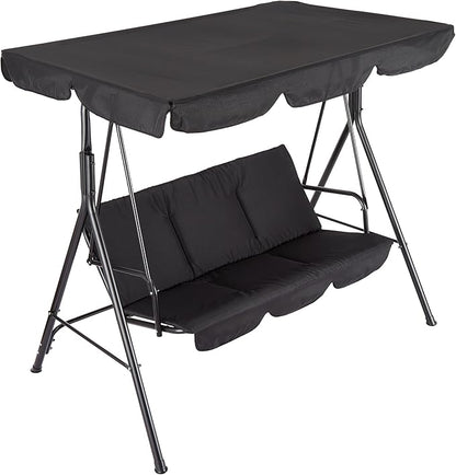 GarveeLife Outdoor Porch Swing Chair with Adjustable Canopy for Adults, 3-Seat Patio Glider Bench with Thick Cushions, Steel Frame Outdoor Swing Chair for Backyard Lawn Garden, Black