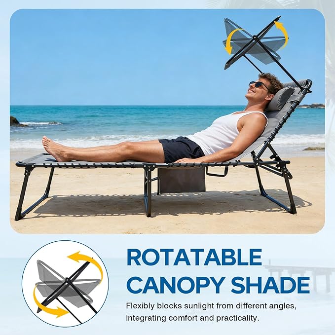 Outdoor Folding Lounge Chair with Removable Canopy & Pillow, Padded Reclining Chaise Lounge Chair 5-Position Heavy Duty Beach Chair for Patio, Beach, Pool, Camping