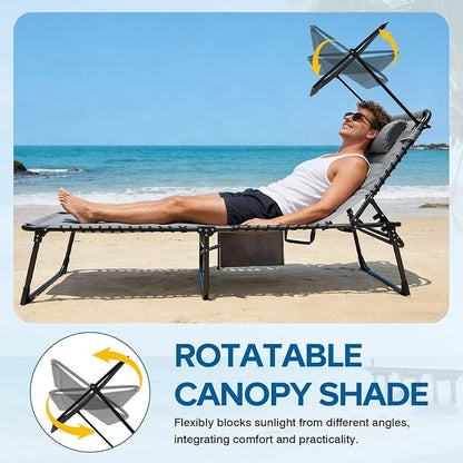 Outdoor Folding Lounge Chair with Removable Canopy & Pillow, Padded Reclining Chaise Lounge Chair 5-Position Heavy Duty Beach Chair for Patio, Beach, Pool, Camping