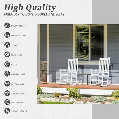 Outvita Outdoor Rocking Chair, Solid Wood High Back Rocker, All Weather Lounge Chair for Porch Patio Fire Pit Garden Backyard Deck Indoor, White