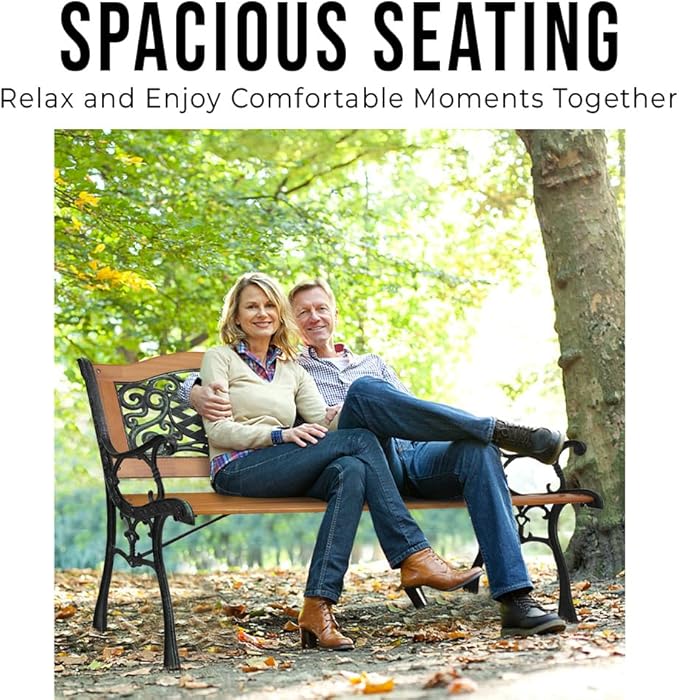 49" Outdoor Wood Bench for Garden, Patio & Porch, 2-Person Bench with Iron Armrests, PVC Backrest, Weather-Resistant Hardwood Seat, Natural Wood & Bronze