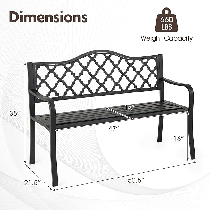 Giantex Metal Outdoor Bench with Backrest, Curved Armrests, Slatted Seat for 2-3 Persons, Load 660 lbs, 47''x16'' Heavy-Duty Seating, Patio Garden Bench for Backyard, Poolside, Porch, Park, Black