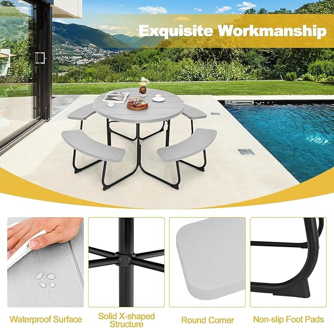 Round Picnic Table for Outdoors, 8 Person Outdoor Picnic Tables & Benches Set with Umbrella Hole - Photo 7