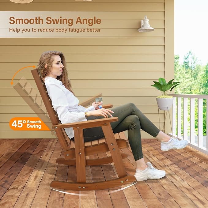 Bonnlo Outdoor Wooden Rocking Chair with High Backrest, Solid Fir Wood Rocking Chair, Heavy Duty 600 LBS Patio Rockers for Garden, Yard, Patio