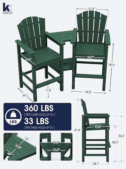 KINGYES Embossed Tall Adirondack Chair Set of 4 with 9FT Umbrella, All Weather HDPE Outdoor Adirondack Bar Stools with Double Connecting Trays, High Airondack Chair with Wood Grain for Backyard, Green