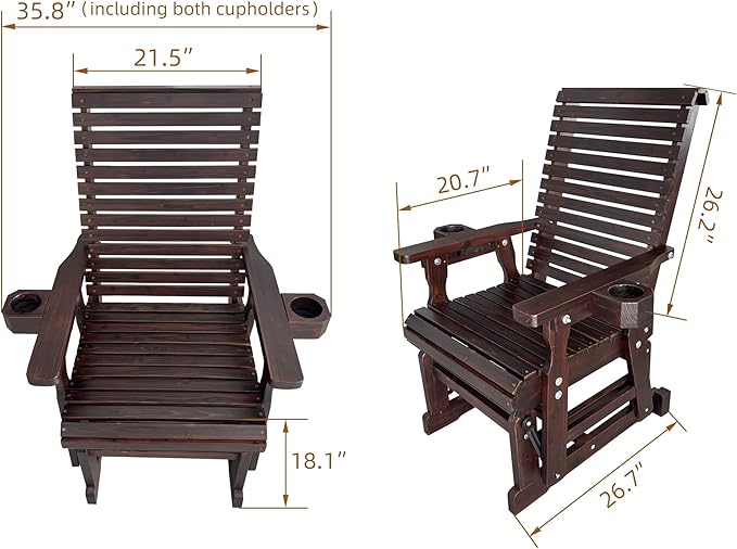 Fortune Candy Wooden Patio Glider for One Person, with High Backrest and Deep Contoured Seat, Solid Fir Wood - Photo 2