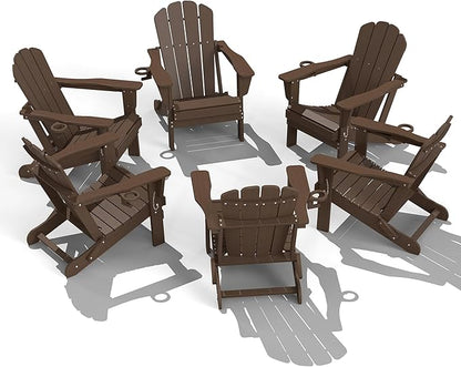 Domi Folding Adirondack Chairs Set of 6, HDPE All-Weather Outdoor Chairs with Cup Holder, Wooden Textured Fire Pit Chairs for Backyard, Patio, Poolside & Deck, Khaki