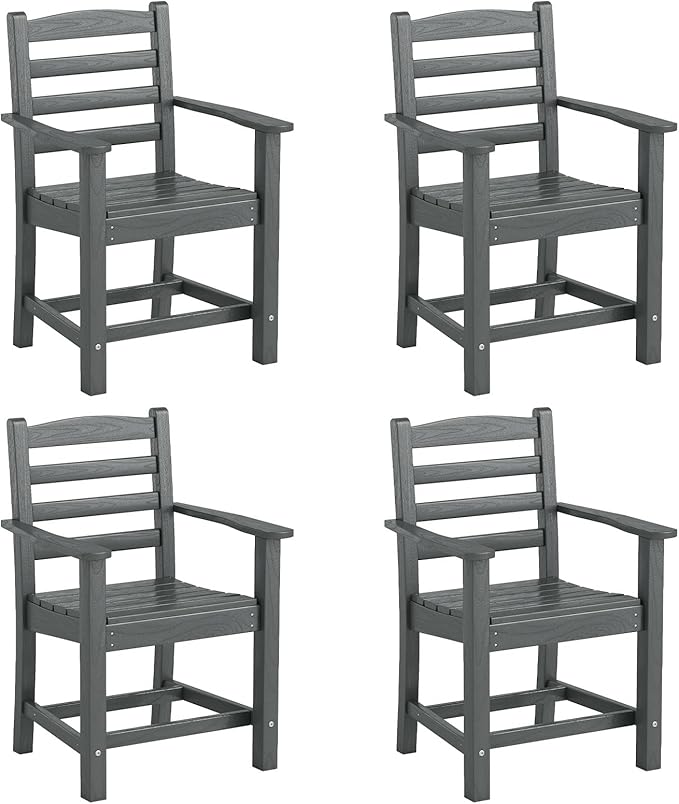 Tangkula Patio Dining Chairs Set of 4, HDPE All Weather Outdoor Chair w/Wide Armrests, Curved Seat, Wood Grain - Photo 9