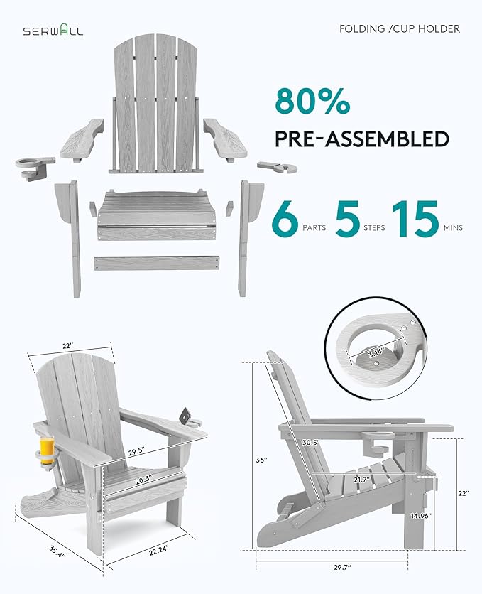 SERWALL Adirondack Chair with Cup Holders - Composite Adirondack Chairs Set of 6 HDPE Outdoor Chairs All Weather Use - Photo 3