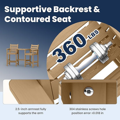 PLUUV Tall Adirondack Chairs Set of 2, All Weather HDPE Poly Bar Height Balcony Adirondack Chair with Removable Double Connecting Trays, Outdoor Adirondack Barstools for Deck, Patio, Yard, Pool, Lawn