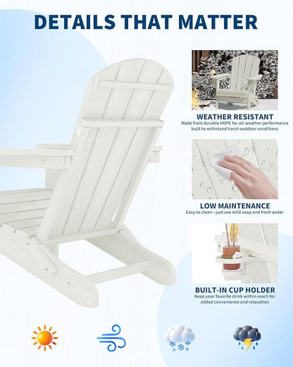 Garvee Folding Adirondack Chair Set of 4, HDPE Outdoor Patio Chair with Cup Holder, All Weather Resistent Wooden Textured for patios, Decks, Gardens, fire Pit, White