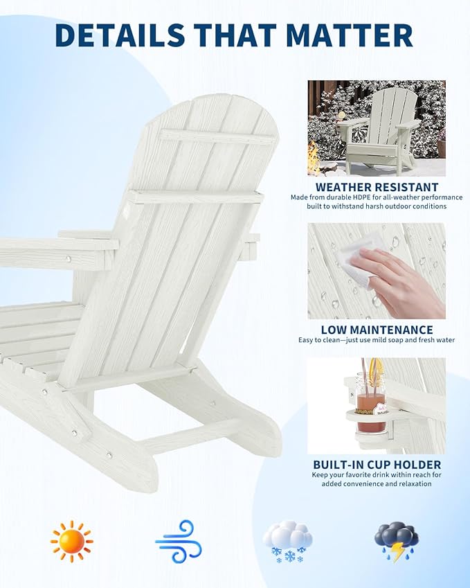 Folding Adirondack Chair Set of 2 with Side Table, All-Weather HDPE Outdoor Chair, Wooden Textured with Cup Holder for patios, Decks, Gardens, fire pits, White
