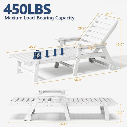 Patio Chaise Lounge Chair Set of 4, HDPE Outdoor Lounge Chairs with 5-Position Adjustable Backrest, Cup Holder and Wheels, 450lbs Capacity for Poolside Deck Backyard, All Weather Material(White)