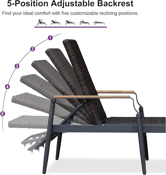 PURPLE LEAF Outdoor Chaise Lounge Chair Set of 2 Patio Pool Lounger Wicker Chairs with Wooden Armrest Sunbathing Tanning Recliner for Pool Backyard Garden Dark Brown