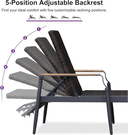 PURPLE LEAF Outdoor Chaise Lounge Chair Set of 2 Patio Pool Lounger Wicker Chairs with Wooden Armrest Sunbathing Tanning Recliner for Pool Backyard Garden Dark Brown