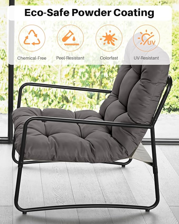Outdoor Accent Chair, Modern Metal Outdoor Lounge Chair, Comfy Patio Accent Chair with Padded Seat, All Weather Outdoor Patio Chair for Living Room, Apartment, Bedroom, Poolside, Dark Grey