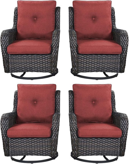 Rilyson Patio Chairs Wicker Outdoor Chair - 4 Piece Rattan Swivel Rocking Chairs Set Patio Glider Rocker Chair for Porch Deck Garden Backyard(Brown/Red)