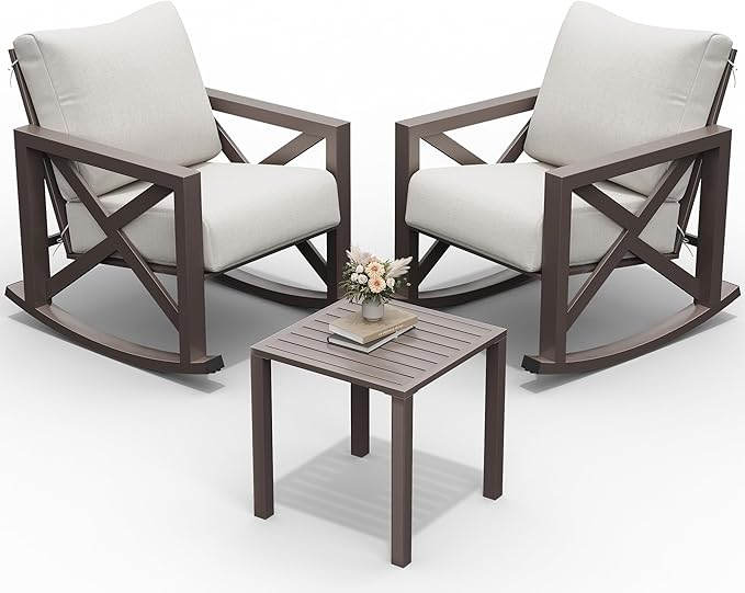 UDPATIO Rocking Chair Outdoor Set 2 with Coffee Table, 3 Piece Metal Rocking Bistro Set with 6.5" Water-Resistant Cushions, Oversized, 350lbs Heavy-Duty, for Porch, Patio, Balcony, Beige