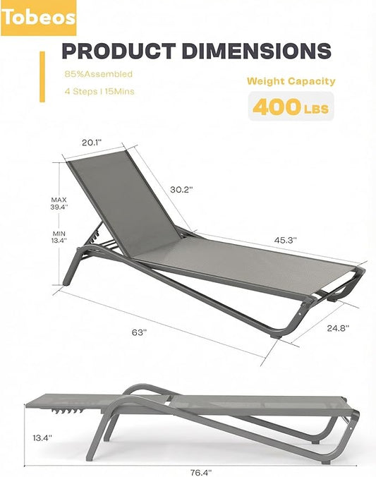 Outdoor Chaise Lounge Chair Set of 2 with Side Table, 5-Position Adjustable Patio Lounge Chair with Aluminum Frame, Textilene Fabric Pool Loung Chairs for Poolside, Deck, Backyard (Grey)