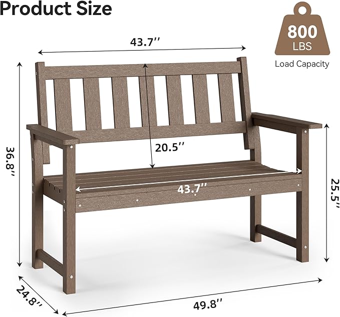 HDPE Outdoor Bench – 50'' Weatherproof Durable Garden Bench, 2-Person Park Bench, Multi-Purpose Design Ideal for Porch, Patio, Church, and School (Brown)