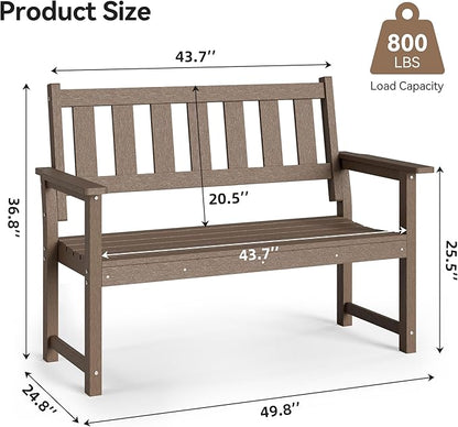 HDPE Outdoor Bench – 50'' Weatherproof Durable Garden Bench, 2-Person Park Bench, Multi-Purpose Design Ideal for Porch, Patio, Church, and School (Brown)