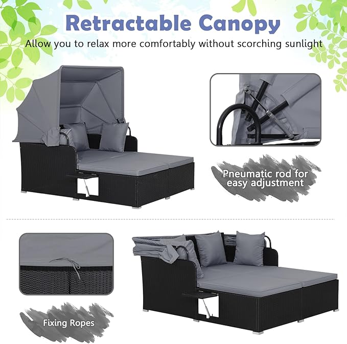 Tangkula Patio Rattan Daybed with Retractable Canopy, Outdoor Wicker Sunbed Lounger with 2 Foldable Side Tables - Photo 8