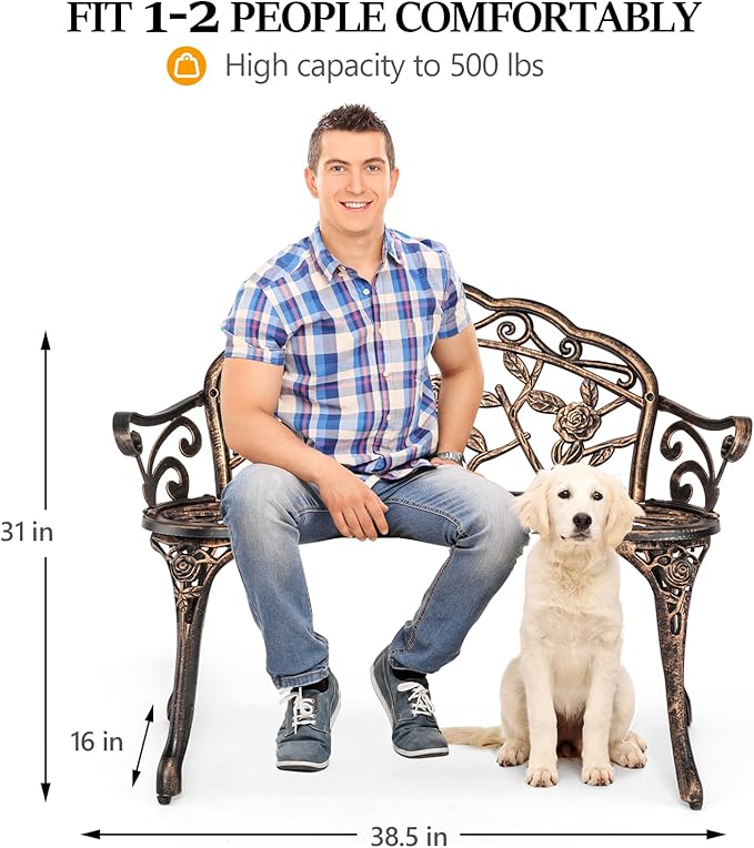 Bonnlo 2 Seater Garden Bench Outdoor Bench Furniture Patio Bench Seating Park Patio Seat Cast Iron Cast Aluminium Frame Antique Finish Chair