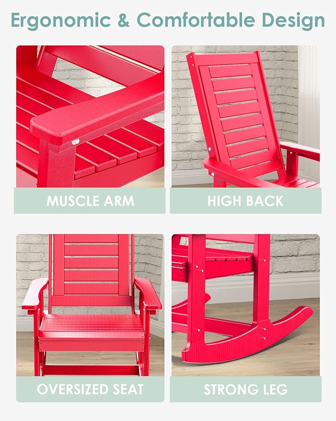 IVY&LANE Outdoor Rocking Chairs Set of 2 | Porch-Rockers | Red | HDPE Plastic | All-Weather | High Back | Wide Seat | Oversized Patio Rocker for Adult | for Outside Deck Balcony Garden