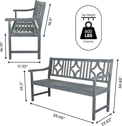 JONATHAN Y BNH100B Sloane 59.1" 3-Seat Ogee Diamond-Back 600-Lbs Support Acacia Wood Outdoor Garden Patio Bench for Garden, Lawn, Backyard, Pool, Deck, Beach, Firepit, Gray